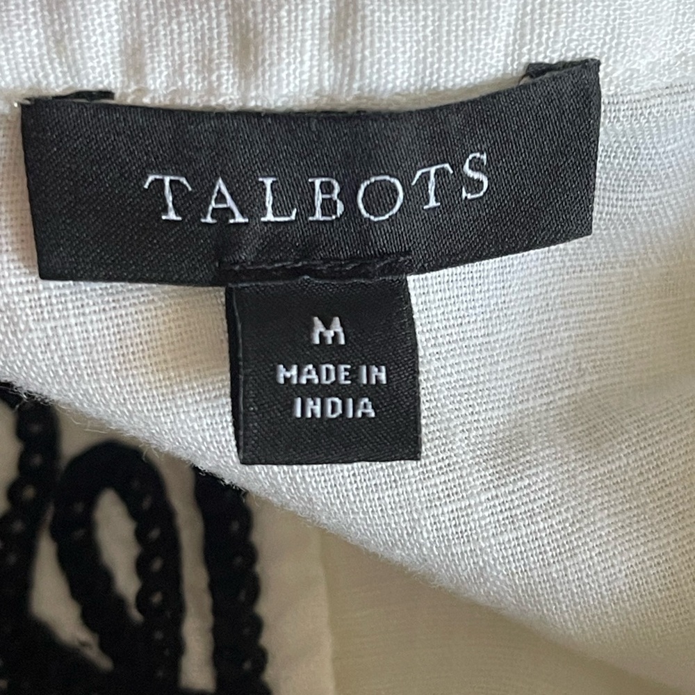 Talbots Embroidered Linen Cotton Tunic Top Size M White Black 3/4 Sleeve Popover - Picture 5 of 11